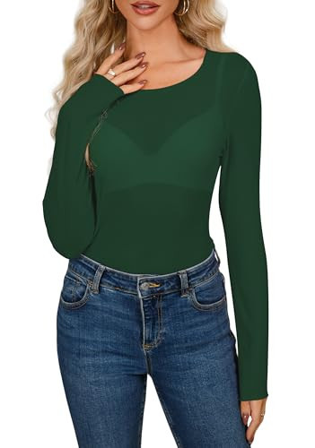 AISEW Womens Mesh Long Sleeve Tops Round Neck Sheer Blouse Sexy See Through Layering Top Shirts (Mesh Dark Green, 7013M) | Amazon (US)