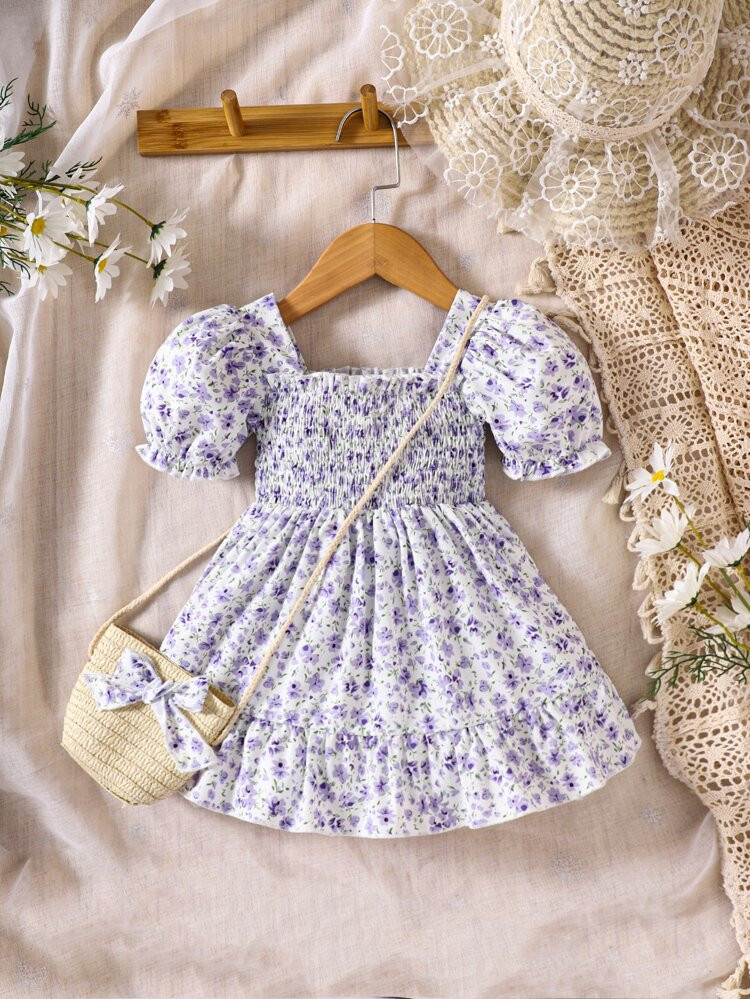 Baby Ditsy Floral Puff Sleeve Dress & Accessory Bag | SHEIN