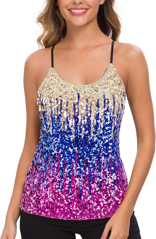 MANER Women’s Sequin Tops Glitter Party Strappy Tank Top Sparkle Cami | Amazon (US)