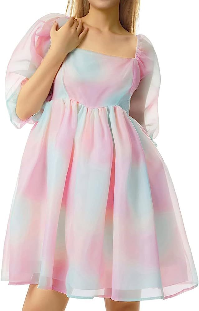 Women Puff Sleeve Tulle Princess Dress Square Neck Flowy Ruffle Mesh Dress for Party Prom Mini Fa... | Amazon (US)