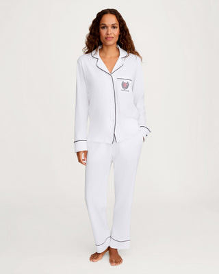 Women's Pima Pajama Set in White with Yacht Club Embroidery M | Petite Plume