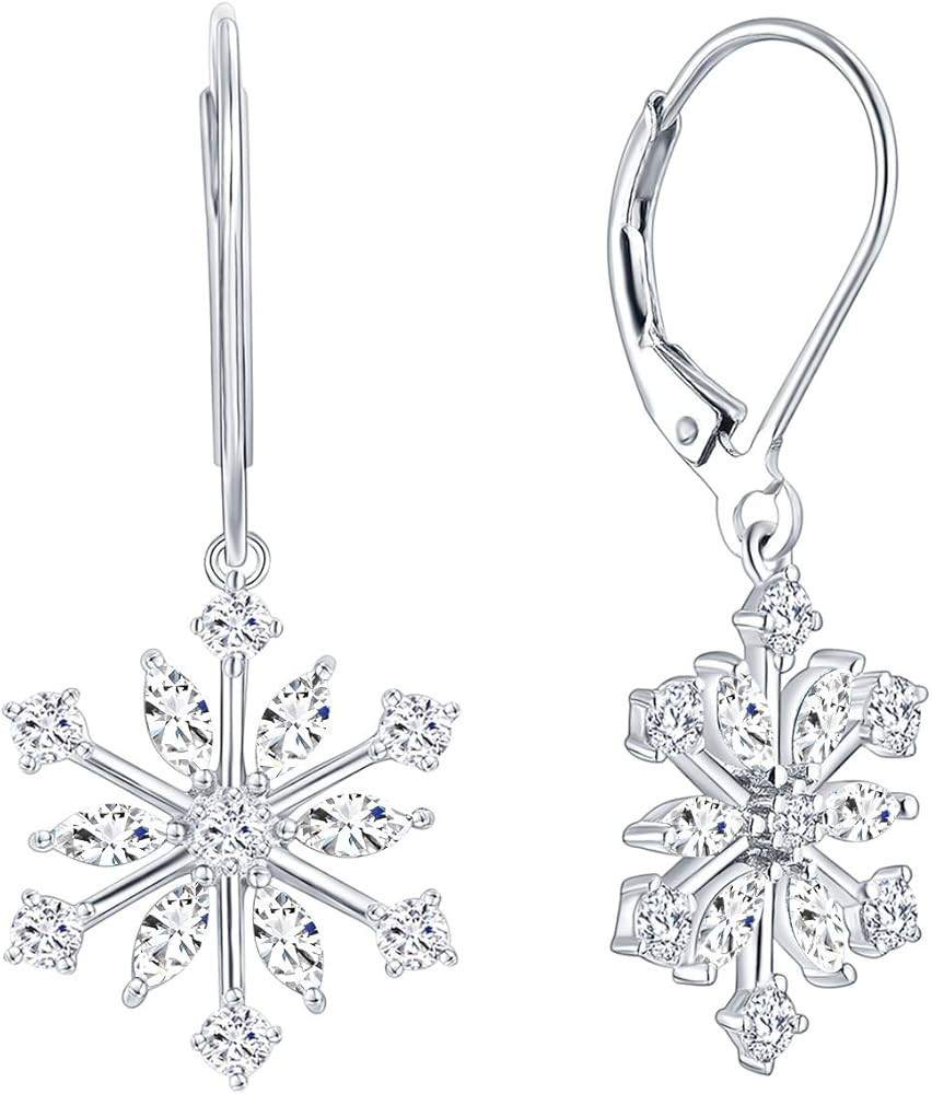 JO WISDOM 925 Sterling Silver White/Blue CZ Snowflake Leverback Earrings Drop & Dangle Earrings | Amazon (US)