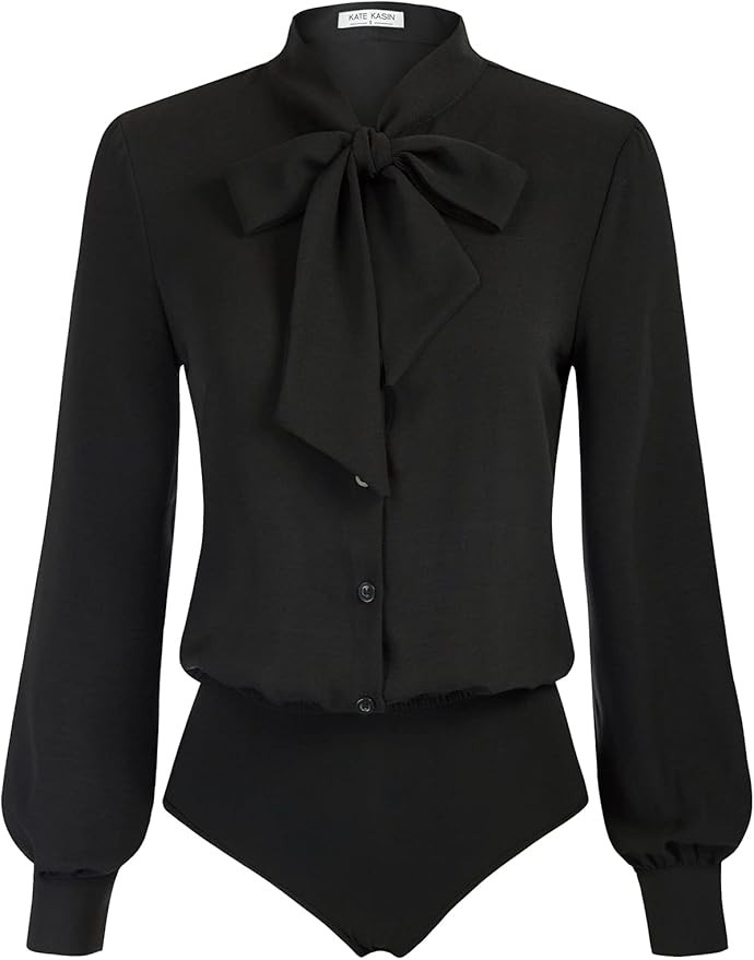Kate Kasin Women Bow Tie Neck Office Blouse Button Down Long Sleeve Bodysuits Blouse Top | Amazon (US)
