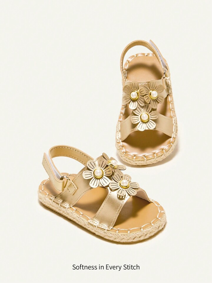 Cozy Cub Summer Style Fashionable Vacation Princess Girls' Golden Woven Flat Sandals For Baby | SHEIN