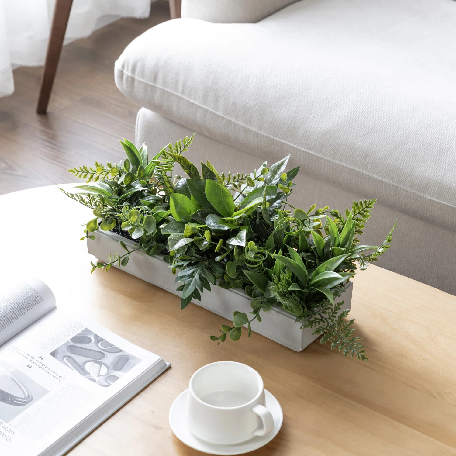Green Leafy Fake Plants Arrangement In Cement Pot | Wayfair North America