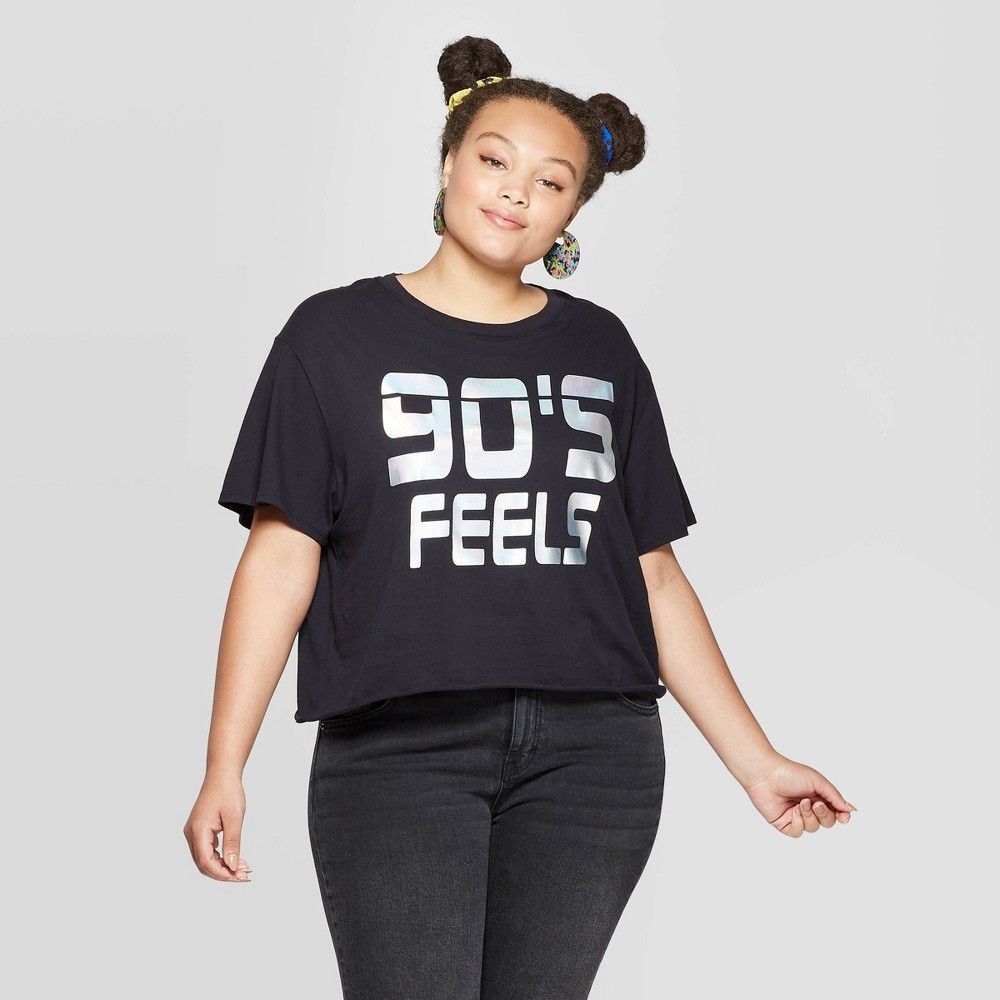 Women's Plus Size Short Sleeve 90'S Feels Cropped Graphic T-Shirt (Juniors') - Black 2X | Target