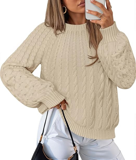 MEROKEETY Women's Fall Cable Knit Sweater 2025 Fashion Warm Crew Neck Lantern Sleeve Chunky Winte... | Amazon (US)