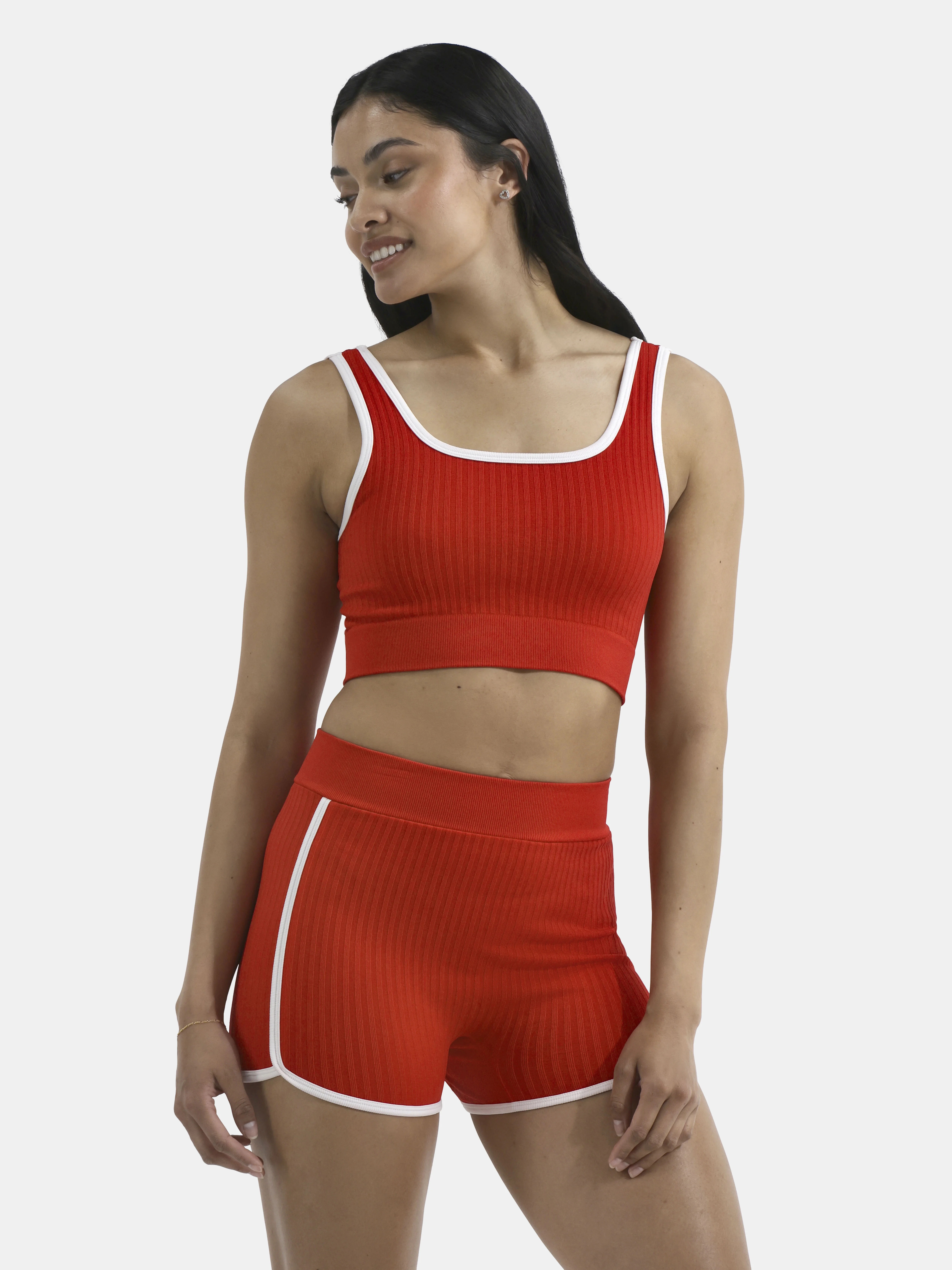 No Boundaries Seamless 2-Piece Cropped Tank Top and Dolphin Shorts with Contrast Binding, Women's | Walmart (US)