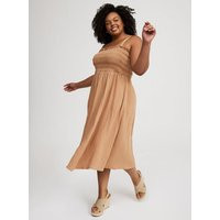 Midi Pucker Gauze Dress in Beige-Tan | Torrid (US & Canada)
