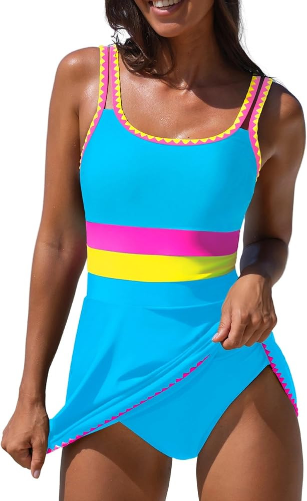 popvil Women One Piece Swimsuit 2026 Tummy Control Bathing Suit Neon Modest Swim Dress with Skirt... | Amazon (US)