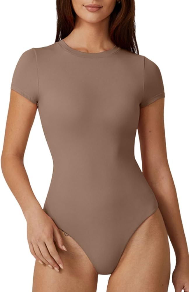 QINSEN Womens Crew Neck Short Sleeve Bodysuit Soft Body Suit Tops Double Lined Shirts | Amazon (US)