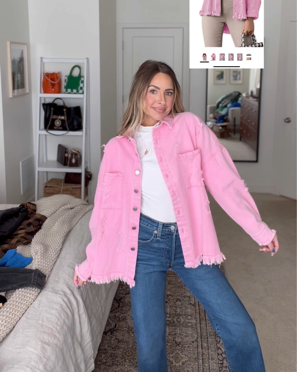 Jeans have stretch, can size down. 5’4 110 and in 24s! Size small in shacket and white top!