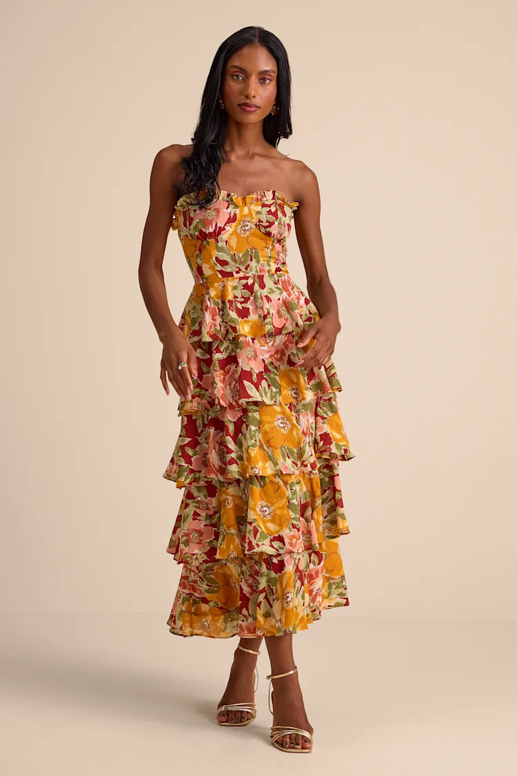 Nahya Yellow Multi Floral Strapless Tiered Midi Dress | Lulus