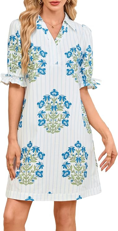 YEXPINE Womens Floral Striped Mini Dress Puff Sleeve Casual Summer Shift Dress V Neck Collared Tu... | Amazon (US)