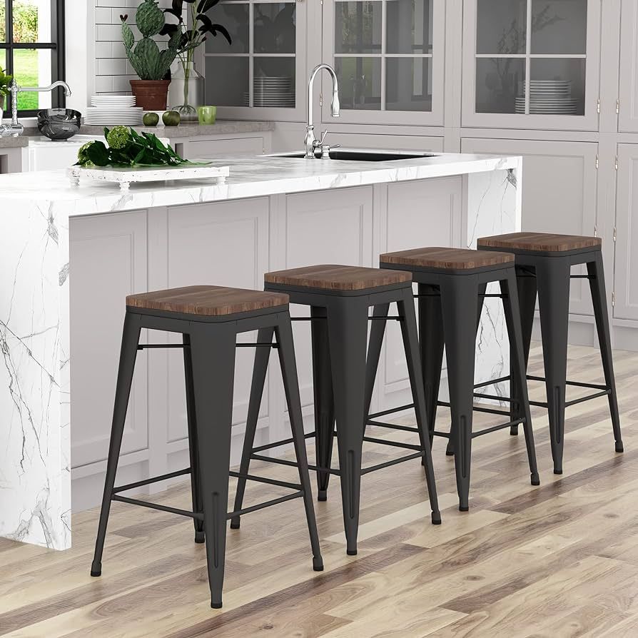 Yongchuang Metal Counter Height Bar Stools Set of 4 Stackable Backless Stools with Wood Top 24" M... | Amazon (US)