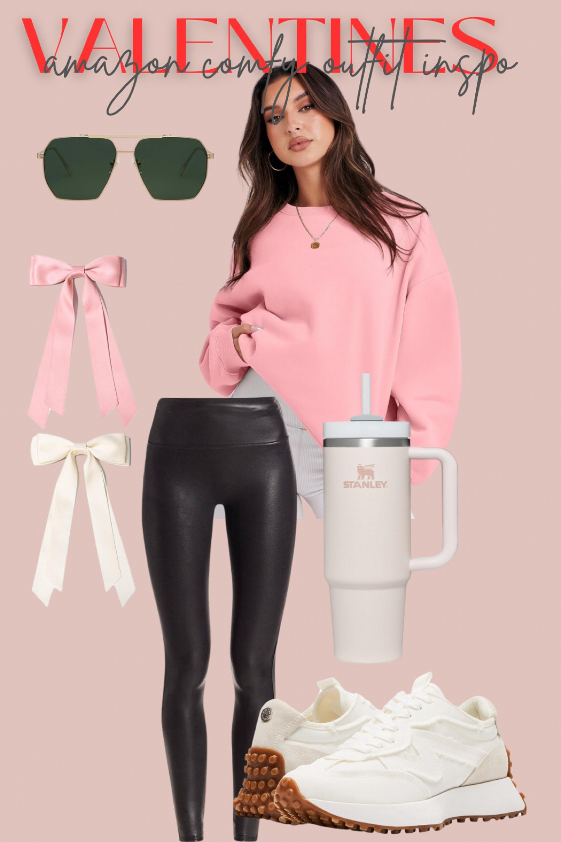 Valentines comfy outfit inspo - Valentine’s Day - leggings / pink sweatshirt / bows : sneakers 

#LTKsalealert #LTKSeasonal #LTKshoecrush