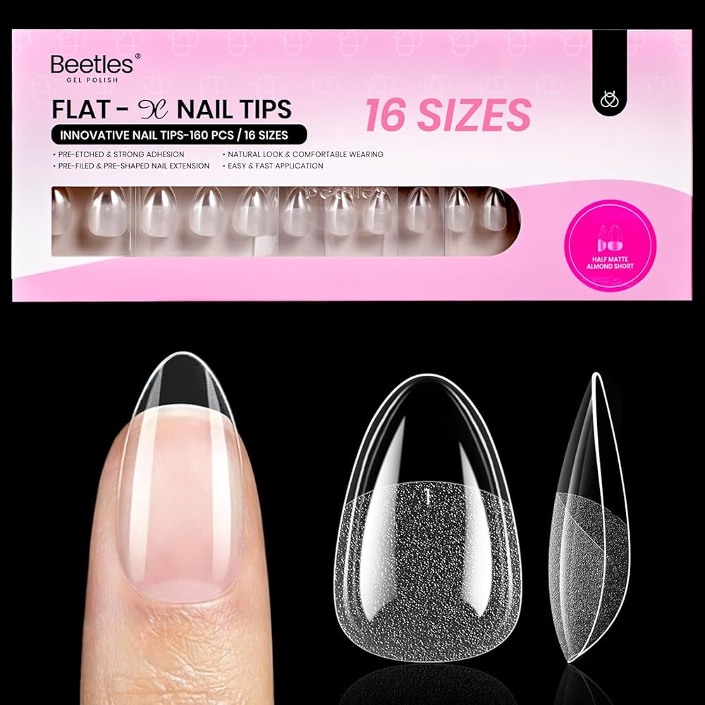 Beetles Gel Nail Tips Flat-X - Almond Short, 160pcs 16 Sizes, Pre-Etched Half Matte Full Cover So... | Amazon (US)