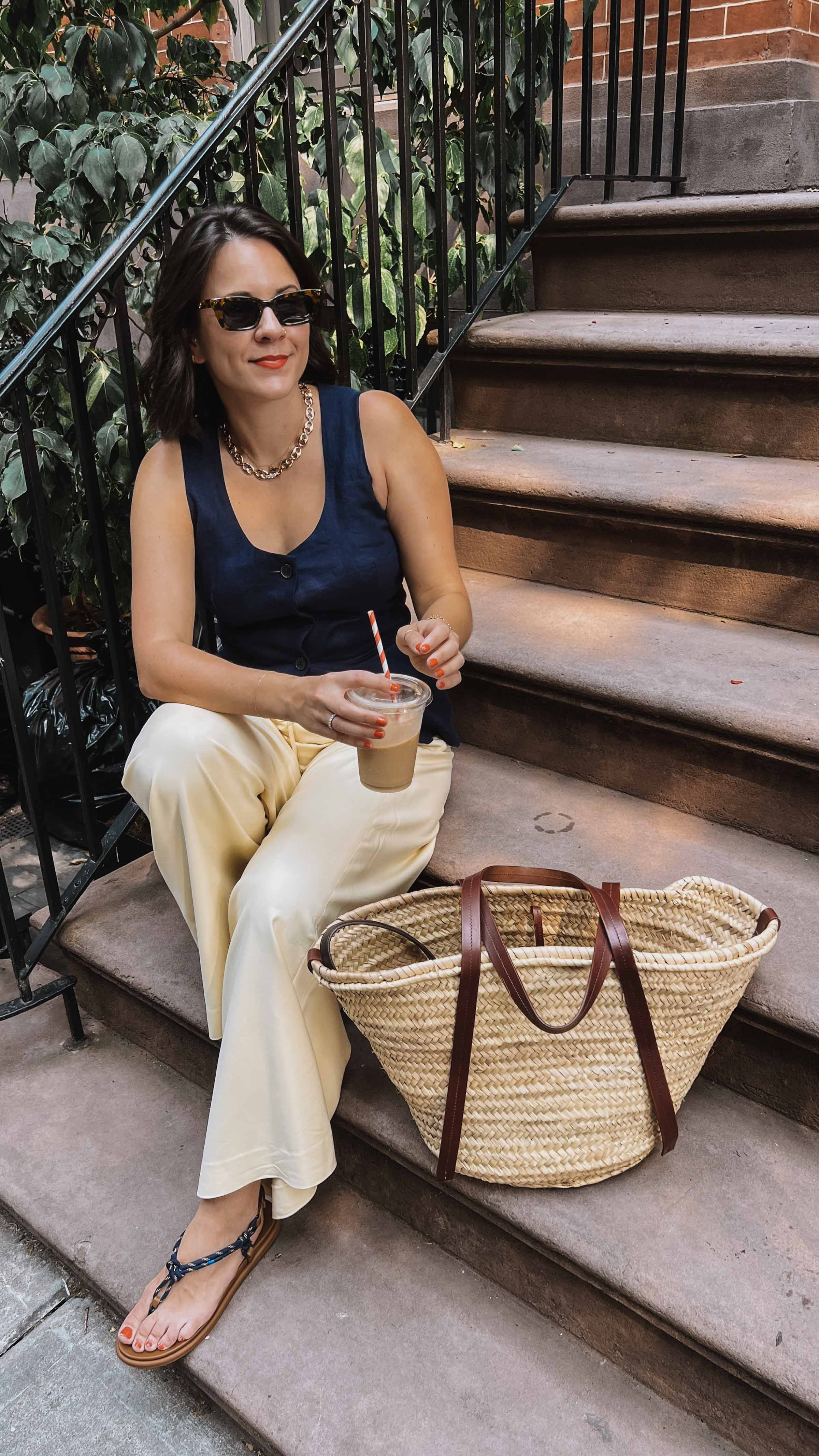 Butter yellow silky pants from J.Crew - I sized up for a relaxed fit. Madewell linen vest, sperry paracord sandals, straw bag. summer outfit ideas - linking exact items when possible 

 #LTKStyleTip #LTKShoeCrush #LTKItBag