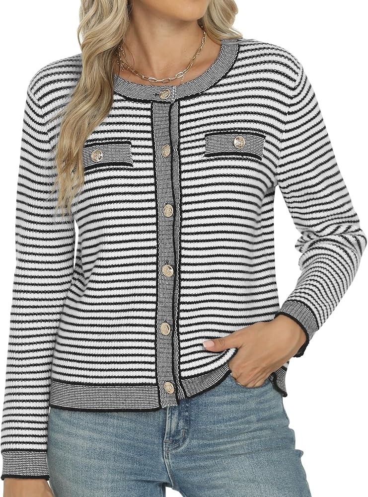 ANRABESS Women's Striped Cardigan Sweaters Casual Long Sleeve Open Front Button Down Knit Cropped... | Amazon (US)
