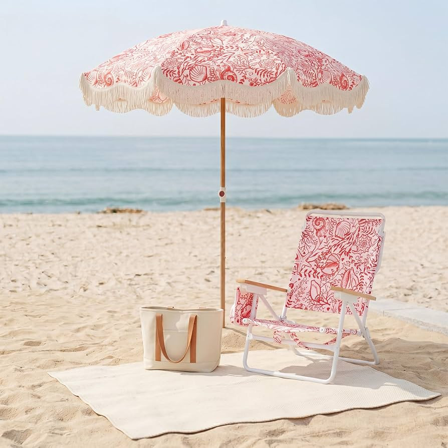2-Piece Beach Set – 6FT UPF 50+ Fringe Sun Umbrella & Low Chairs with Wooden Armrests, Foldable... | Amazon (US)
