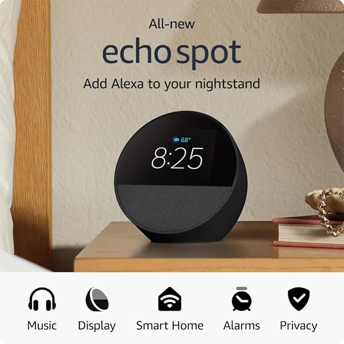 All-new Amazon Echo Spot (2024 release), Smart alarm clock with vibrant sound + Alexa, Black | Amazon (US)