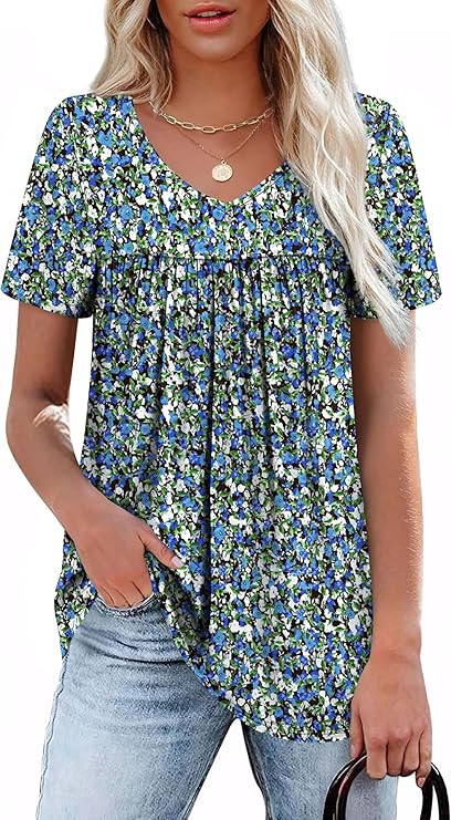WEESO Womens T Shirts Short Sleeve Pleated Dressy Casual V Neck Summer Tops Blouses | Amazon (US)