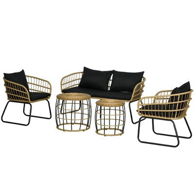 Outsunny 5 Piece PE Rattan Outdoor Furniture Set with Cushioned Chairs, Loveseat Sofa & Stackable Coffee Tables, Black | Target