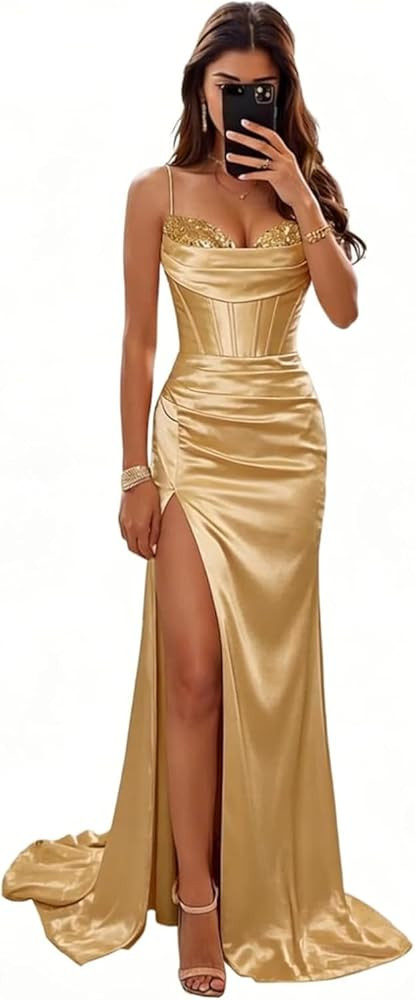 Long Satin Spaghetti Strap Prom Dresses Mermaid Formal Evening Dress with Slit GO020 | Amazon (US)