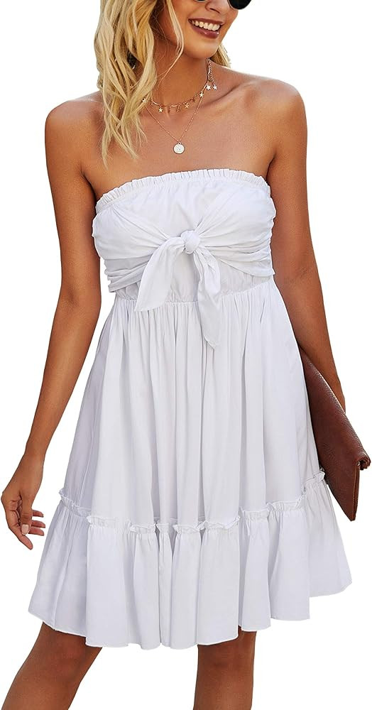 ECOWISH Womens Dresses Floral Spaghetti Strap Tie Knot Front Flowy Pleated Mini Swing Dress | Amazon (US)