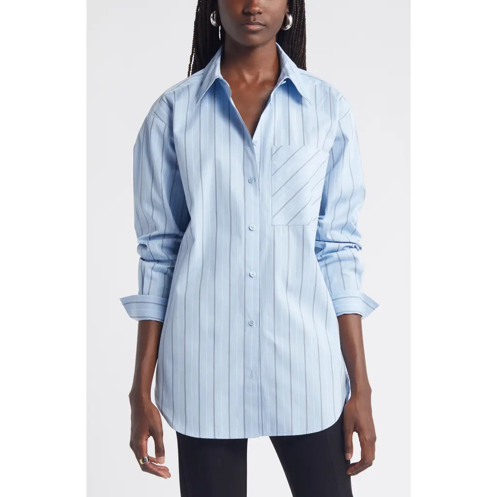 Nordstrom Stripe Long Sleeve Cotton Button-Up Shirt in Blue Thread Banded Stripe at Nordstrom, Size Medium | Nordstrom