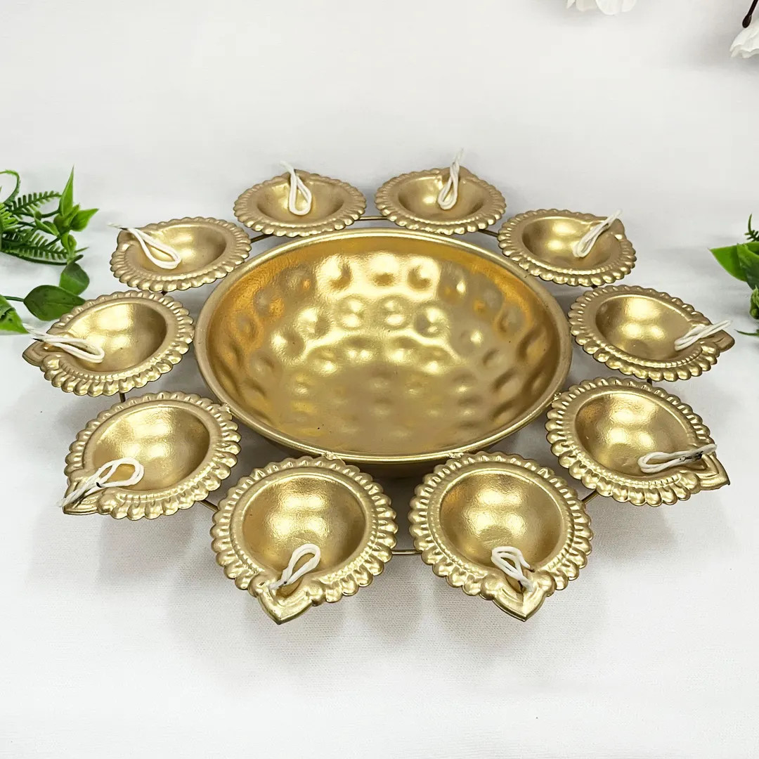 Handcrafted Metal Diya Holder Set With 10 Candle Lamps and Center Bowl for Diwali Puja Decor, Wed... | Etsy (US)