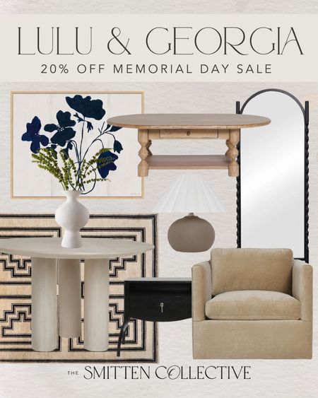 Home decor favorites and best sellers from Lulu & Georgia — it’s 20% off site wide for Memorial Day! 🙌🏼 

Obsessed with this rug, small dining table/entryway table, wall art, coffee table, iron floor mirror, velvet swivel chair, nightstand, and cute mini lamp!

#LTKSaleAlert #LTKHome #LTKStyleTip