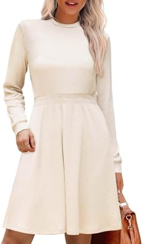 Allegra K Long Sleeve Dress for Women's Fall A-Line Ribbed Knit Crew Neck Midi Sweater Dresses | Amazon (US)