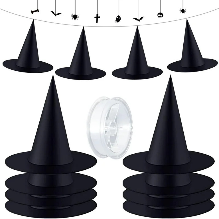 ZeeDix 8Pcs 15Inch Halloween Black Witch Hats Caps with 98 Feet Rope,Adults and Kids Hanging Part... | Walmart (US)