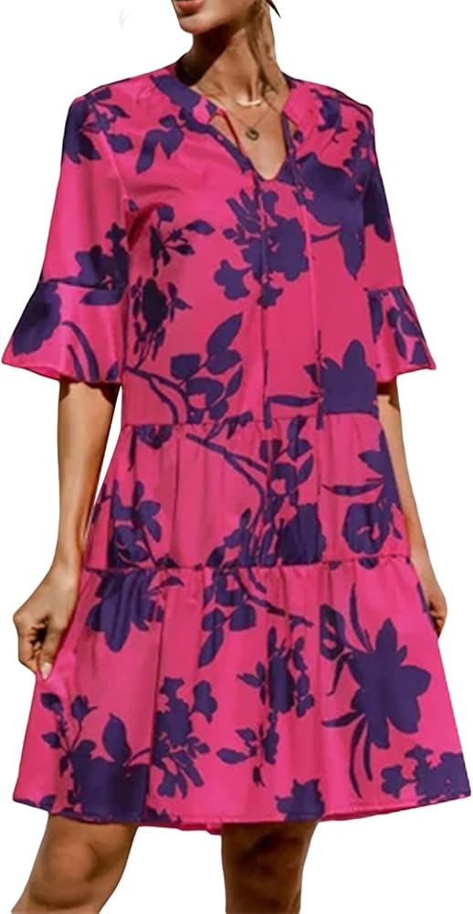 Womens Boho Summer Dresses Flowy Midi Dress Floral Ruffle Mid Sleeve Tiered Beach Casual Sundress... | Amazon (US)