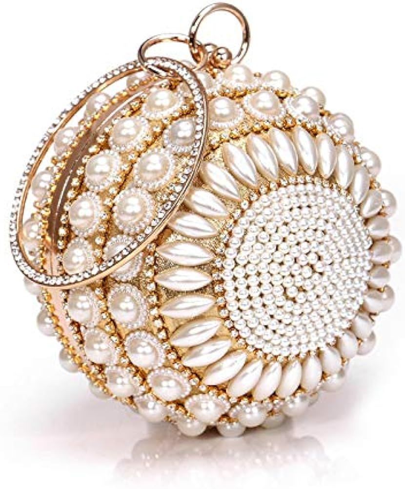 UMREN Women Round Clutch Ball Evening Bag Dazzling Full Beaded Artificial Pearls Handbag for Wedding | Amazon (US)