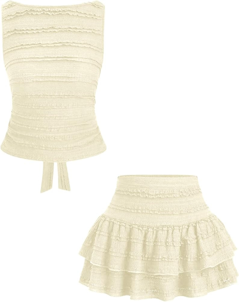 Verdusa 2 Piece Sets for Women Summer Sets Textured Tie Back Tank Top with Ruffle Layered Skirt V... | Amazon (US)