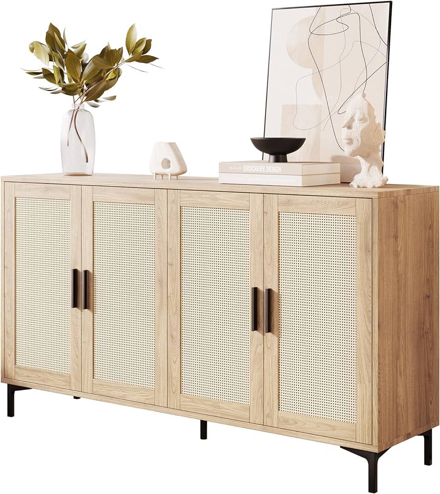 Sideboard - Kitchen Buffet Cabinet with Rattan Decorated Doors, 4 Doors Accent Sideboard Cabinet,... | Amazon (US)