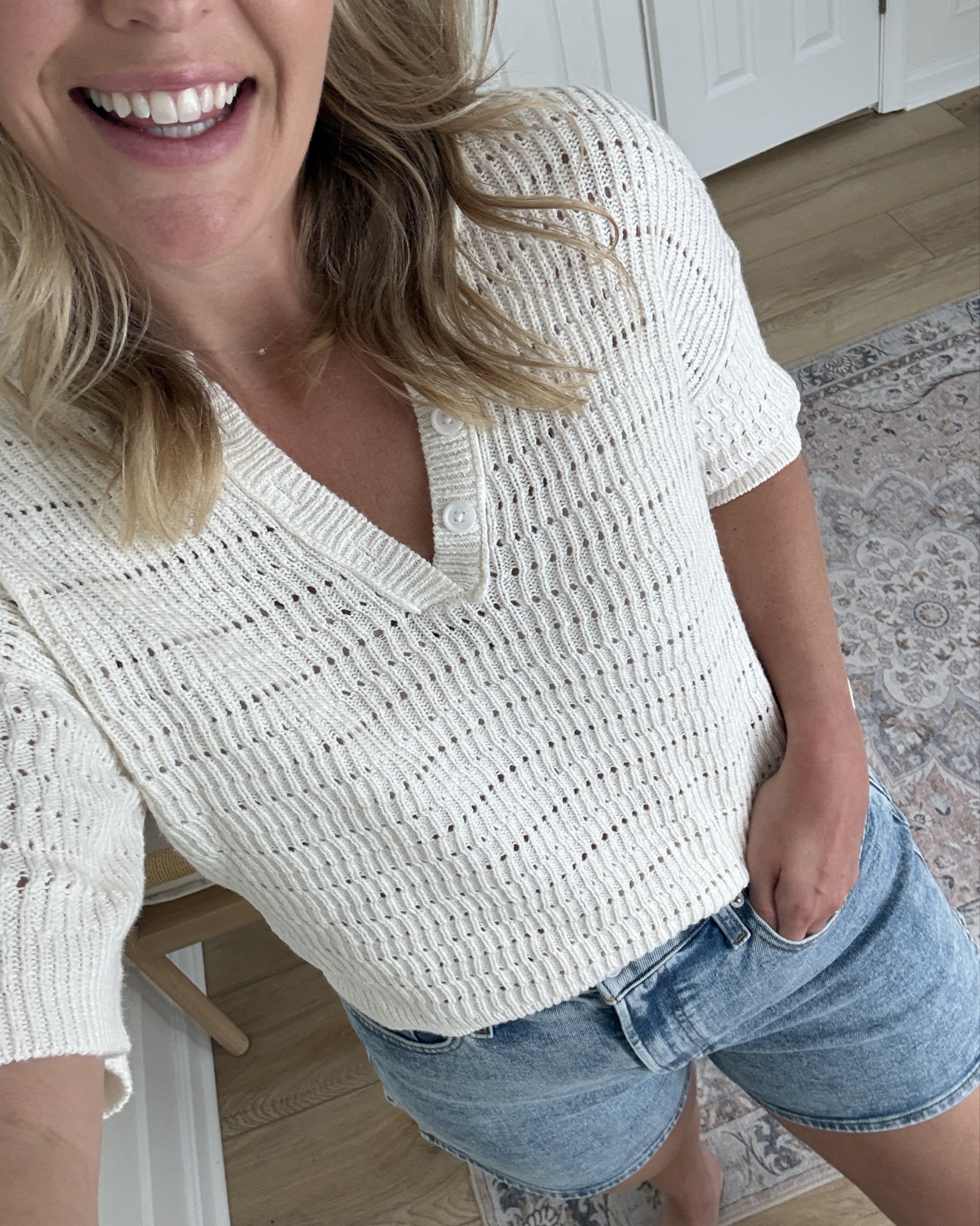 Med sweater and large / size 10 shorts - summer outfit 