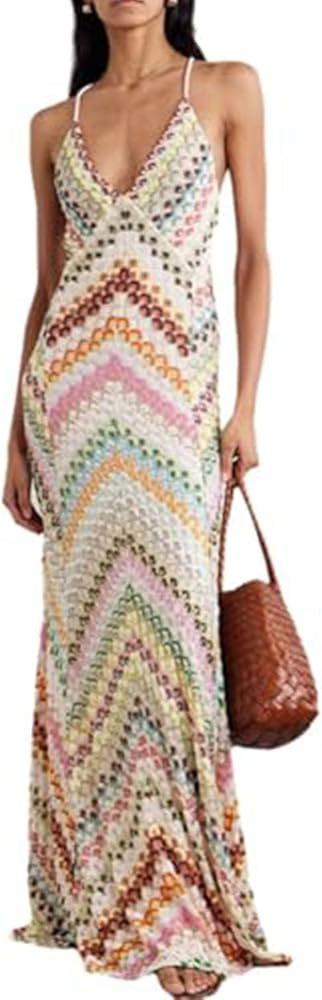 Women's Vacation Outfits Boho Crochet Dresses, Backless, V-Neck, Sleeveless Halter Maxi Dress | Amazon (US)