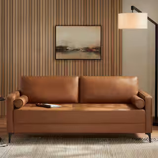 StyleWell Goodwin 75.6 in. Square Arm Faux Leather Mid-Century Modern Sofa with Bolster Pillows i... | The Home Depot