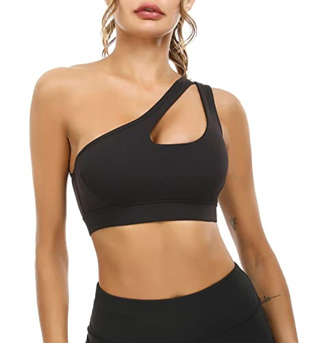 Sykooria Women One Shoulder Bra Sports Bras Sexy Workout Tops Running Yoga Bras Medium Support Black | Amazon (US)
