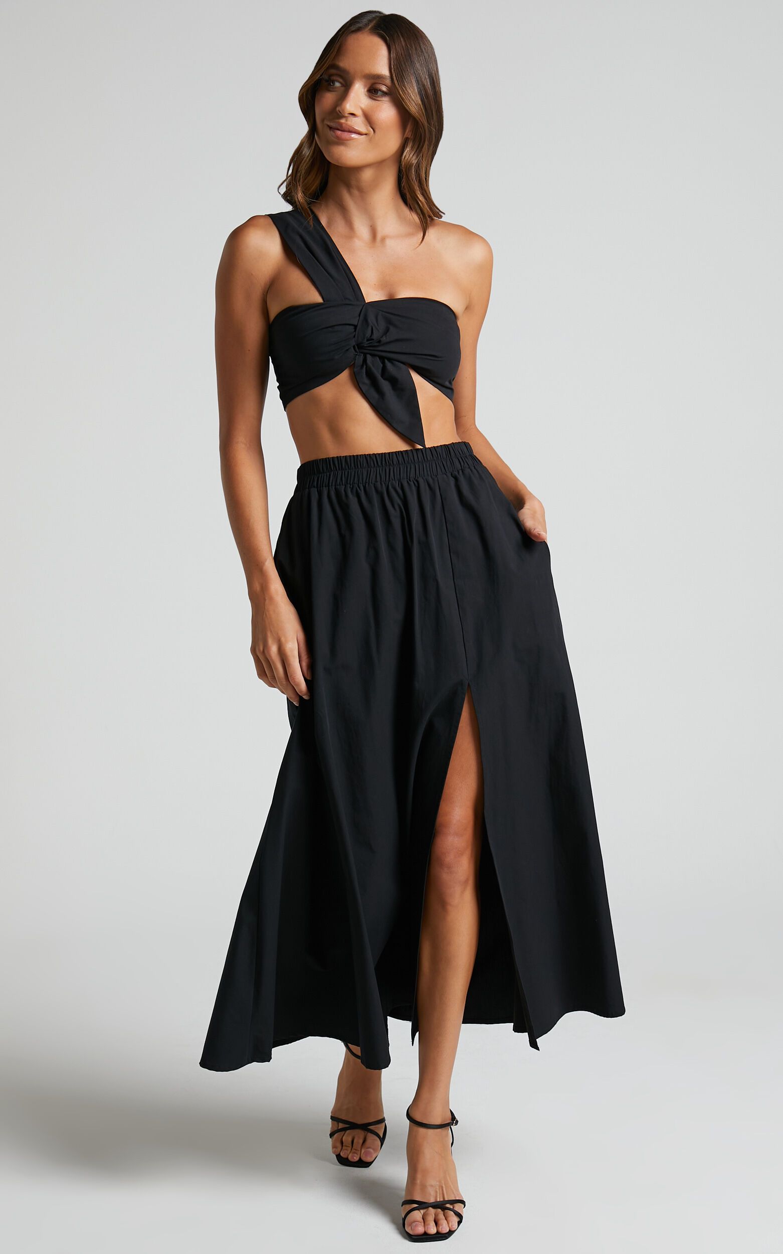 Sula Two Piece Set - One Shoulder Bralette Crop Top and Midi Skirt in Black | Showpo (US, UK & Europe)