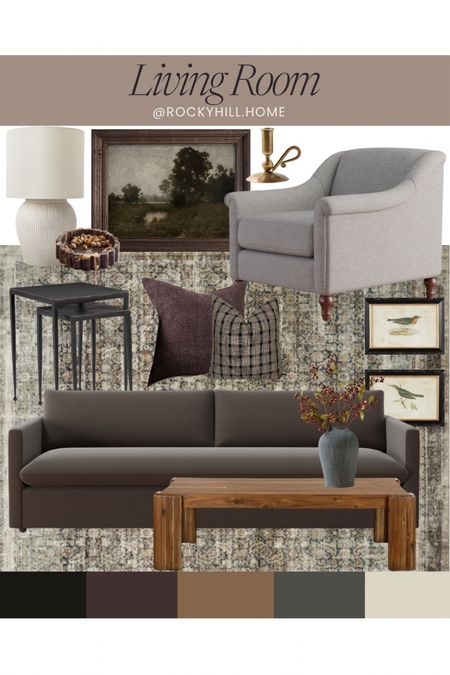 Modern traditional living room moodboard, gray sofa, traditional chair, vintage landscape, amber Lewis loloi rug, framed art, nesting side tables, red marble 

#LTKhome #LTKstyletip