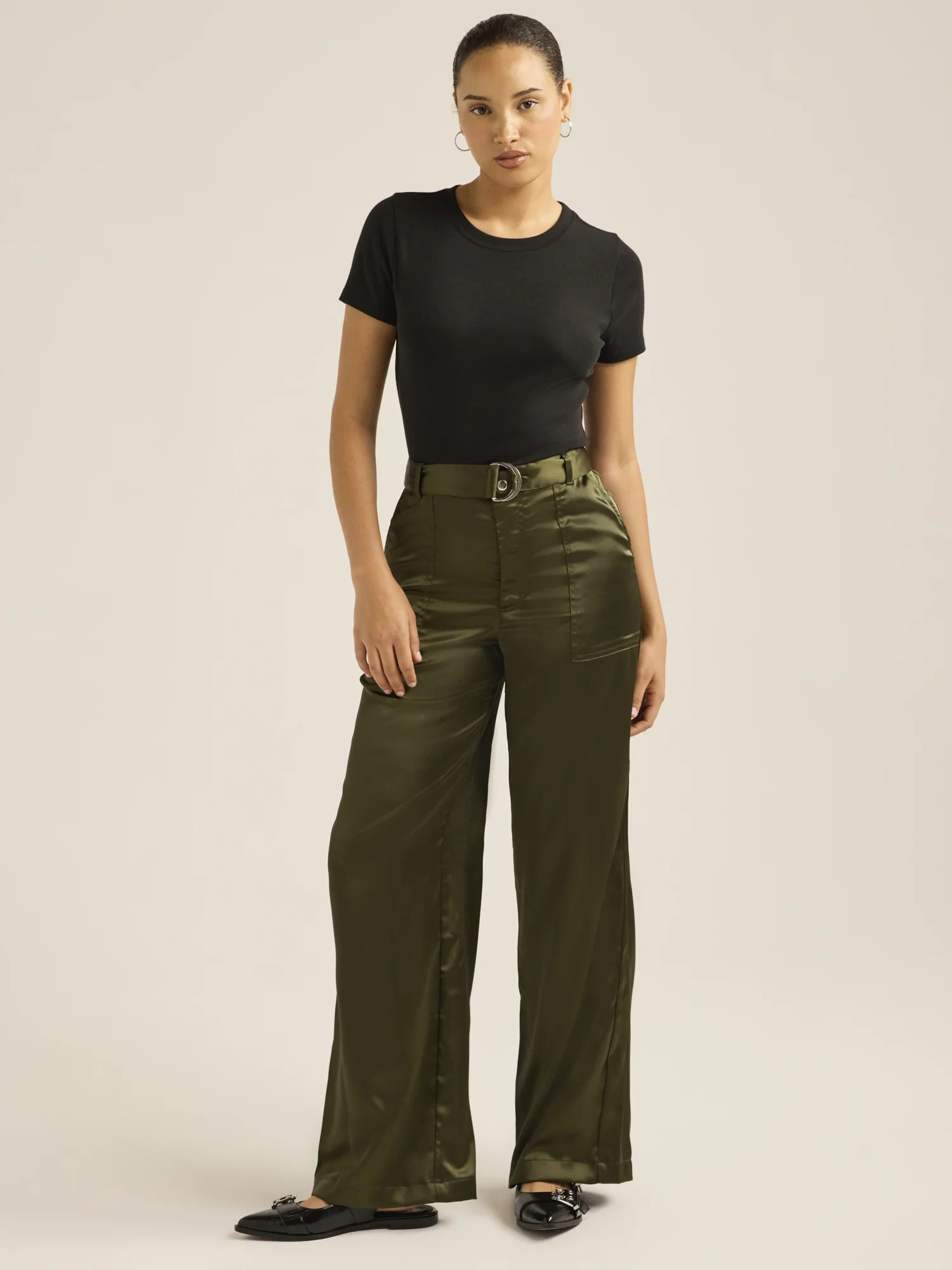 Scoop Women's Wide Leg Belted Satin Pants, Sizes 2-16 | Walmart (US)