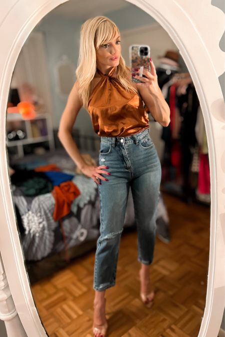 Silky halter top in a fall rust color only $21.99 - high waisted mom jeans - clear heels - closet basics - fall transition outfit - Amazon Fashion - Amazon Deals - Amazon Finds 

#LTKstyletip #LTKunder50 #LTKunder100