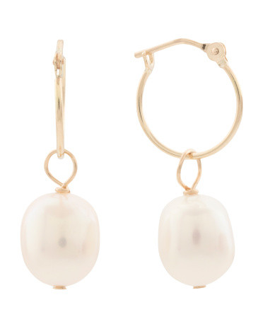 Made In Usa 14kt Gold Hoop Freshwater Pearl Earrings | TJ Maxx