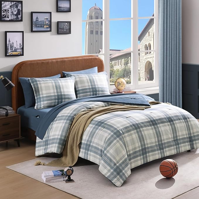 Full Size Comforter Sets, Blue Grey Plaid Bedding Set 7 Piece for Boys Girls Teen, Classic Homest... | Amazon (US)