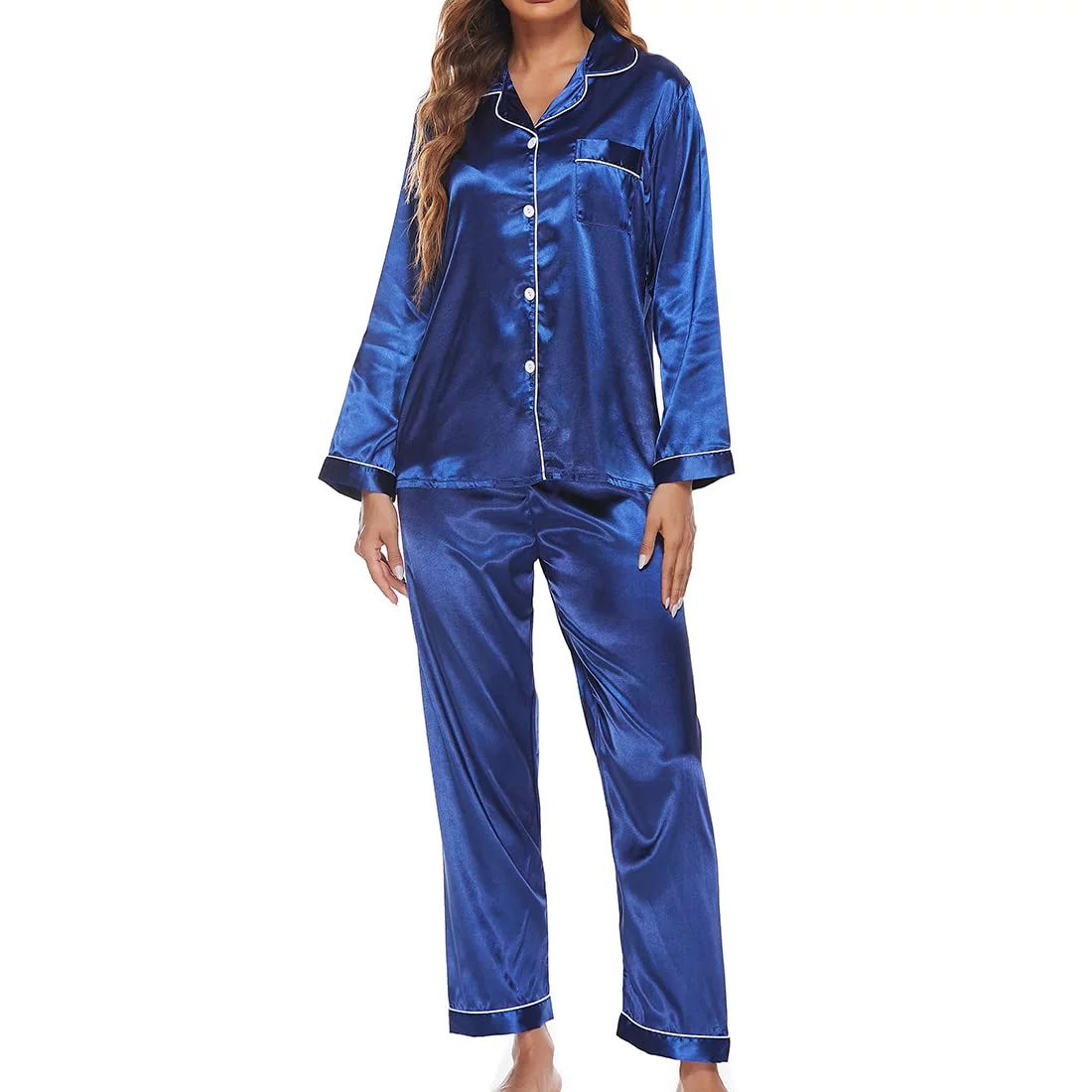 Asotony Sleepwear Womens Silky Satin Pajamas Set Long Sleeve Nightwear Loungewear, Blue, M - Walm... | Walmart (US)