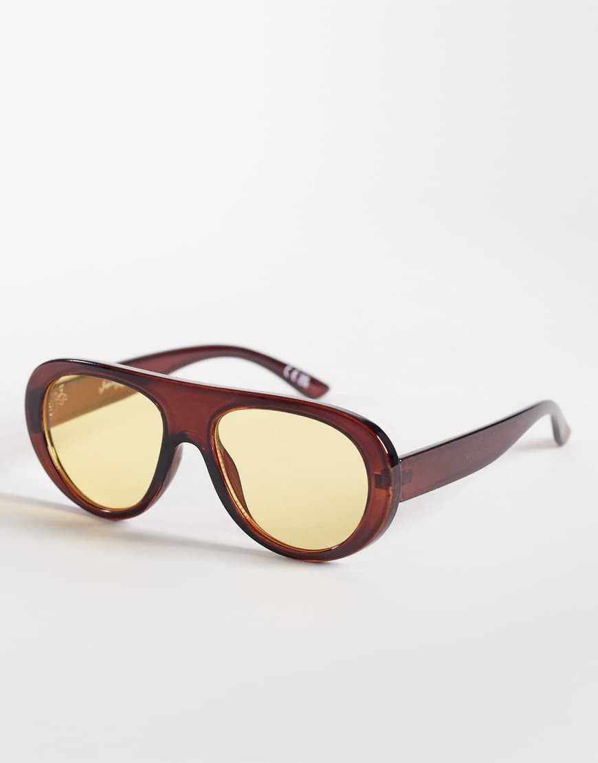 Jeepers Peepers flat top round sunglasses in brown with yellow lens | ASOS (Global)